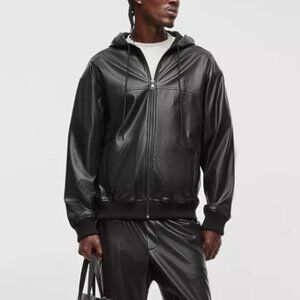 Mode of One Men's Faux-Leather Hoodie Deep Black Size L